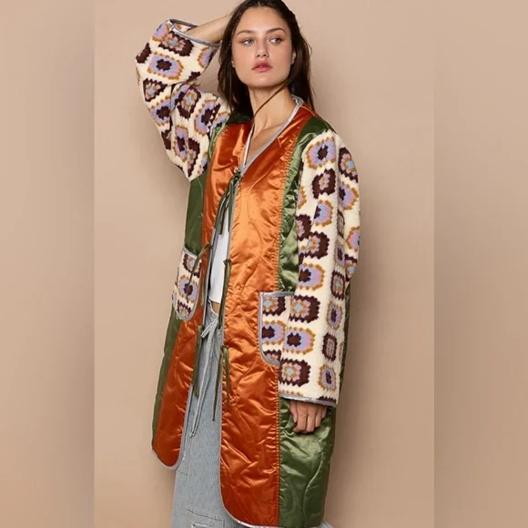 #027 Last 1!! M/L POL cardigan in quilted woven with textured knit patch point - Picture 3 of 6